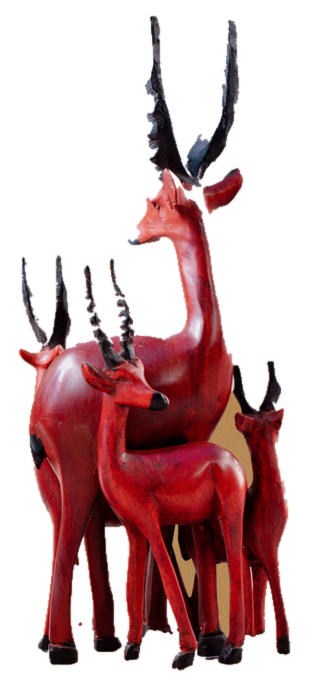 Hand-carved red wooden antelope family sculpture